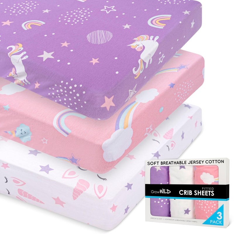 GrowWILD GROW WILD Unicorns & Rainbows Fitted Crib Sheets Girl (3 Pack) - Soft Jersey Cotton Fitted Sheet, Toddler Bed Mattress & Baby Crib Bedding Set for Girls, Baby Girl Nursery Crib - Pink, Purple & White - Image 1